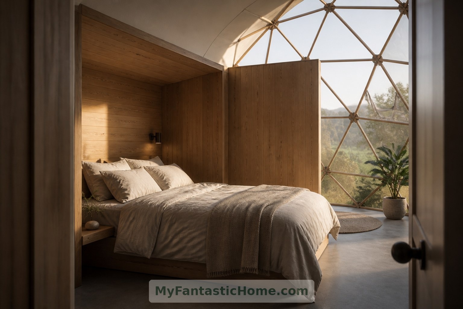 A conventional rectangular bed sits comfortably within this fictional timber-lined sleeping retreat.