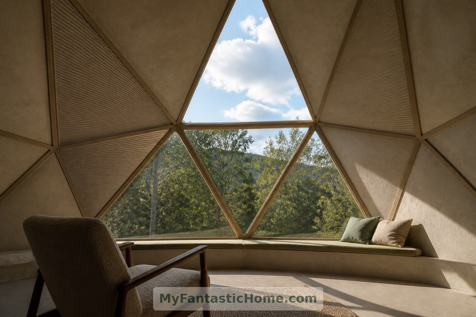Selective triangular windows frame woodland and sky in this imagined reading corner.