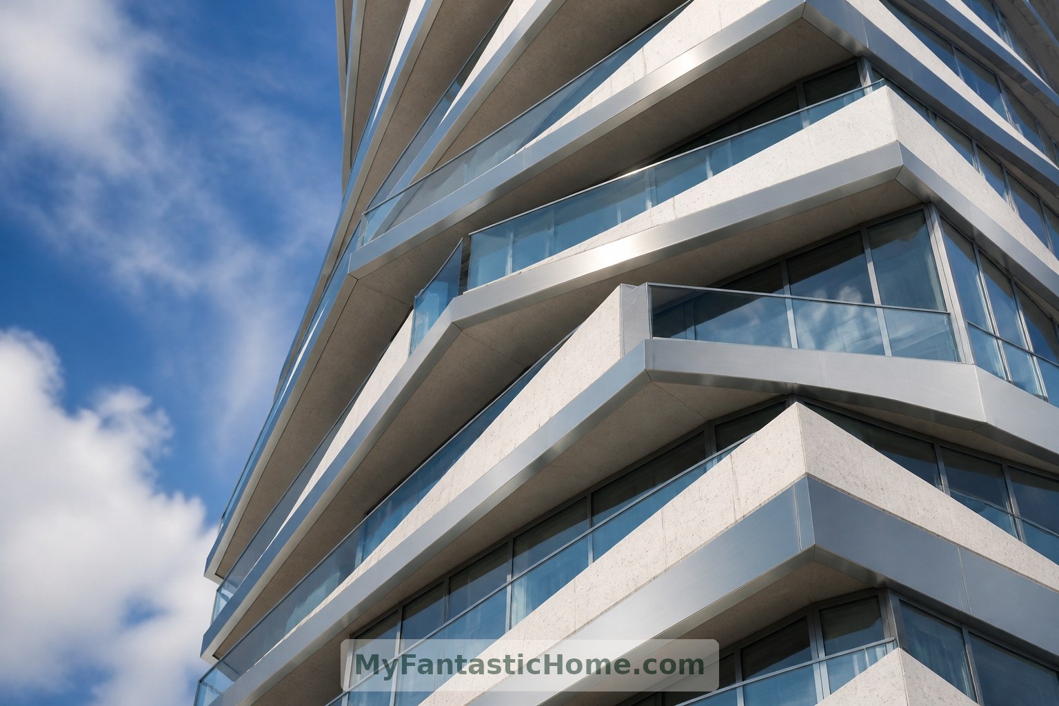 Imagined detail: successive balcony edges make a fictional tower’s rotation visible at close range.