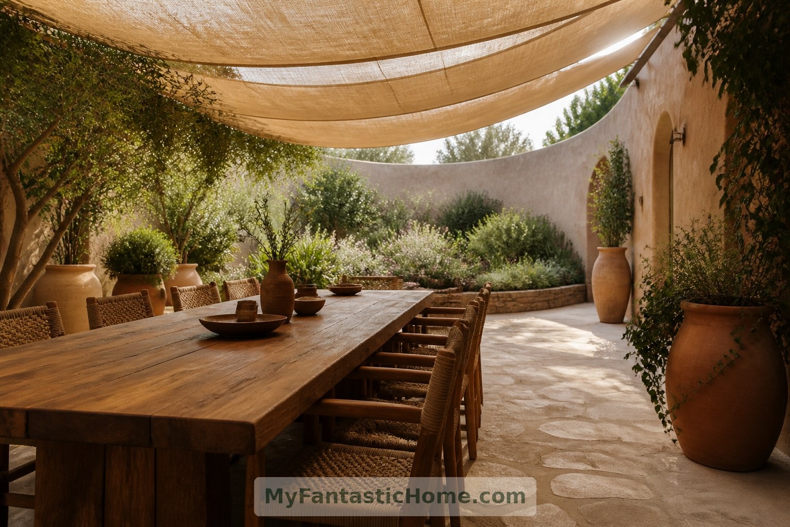 Timber furniture and woven chairs make this imagined shaded courtyard a welcoming place to gather.