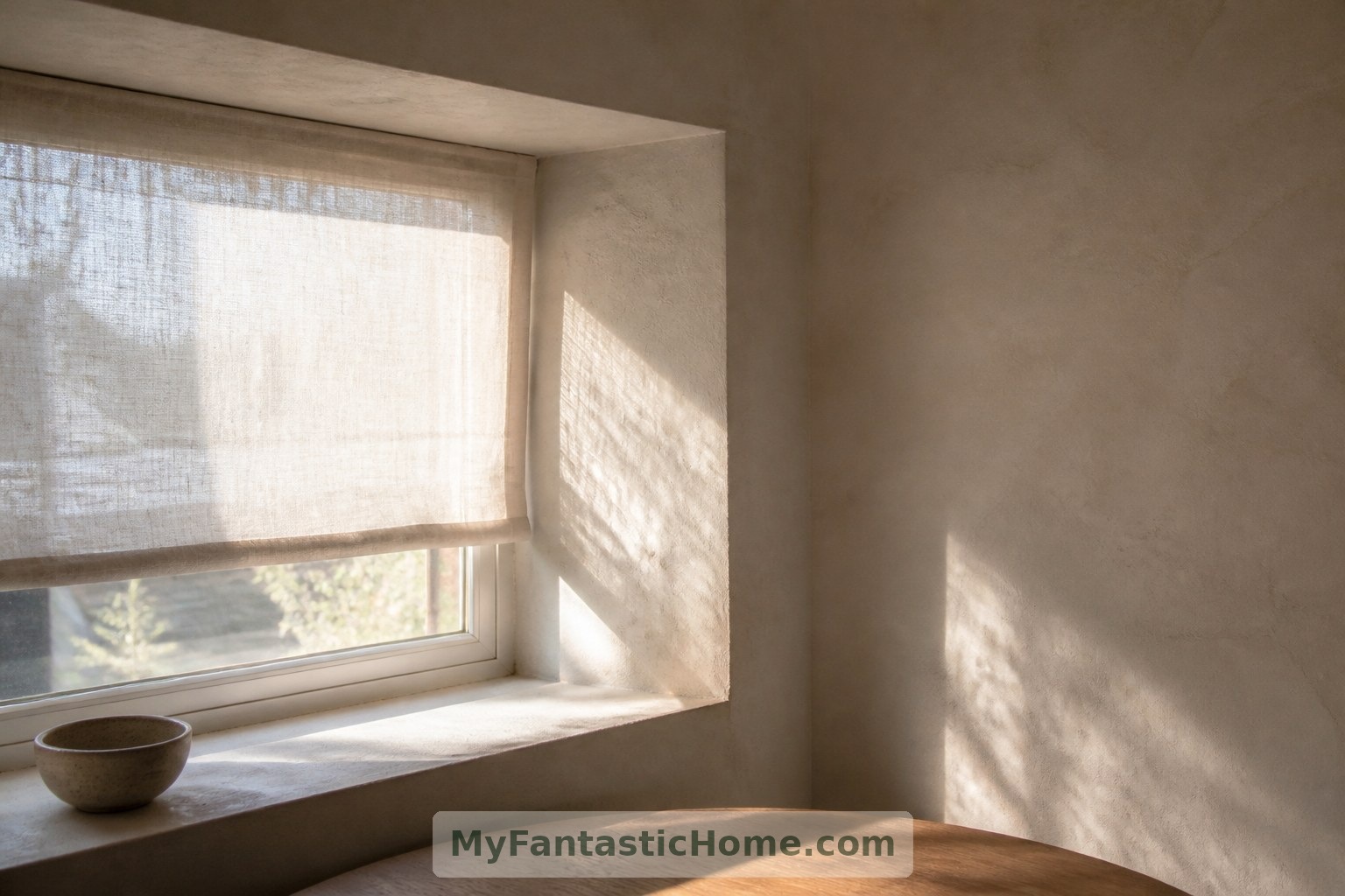 A deep window reveal and sheer linen blind help soften direct sunlight across the pale plaster walls.