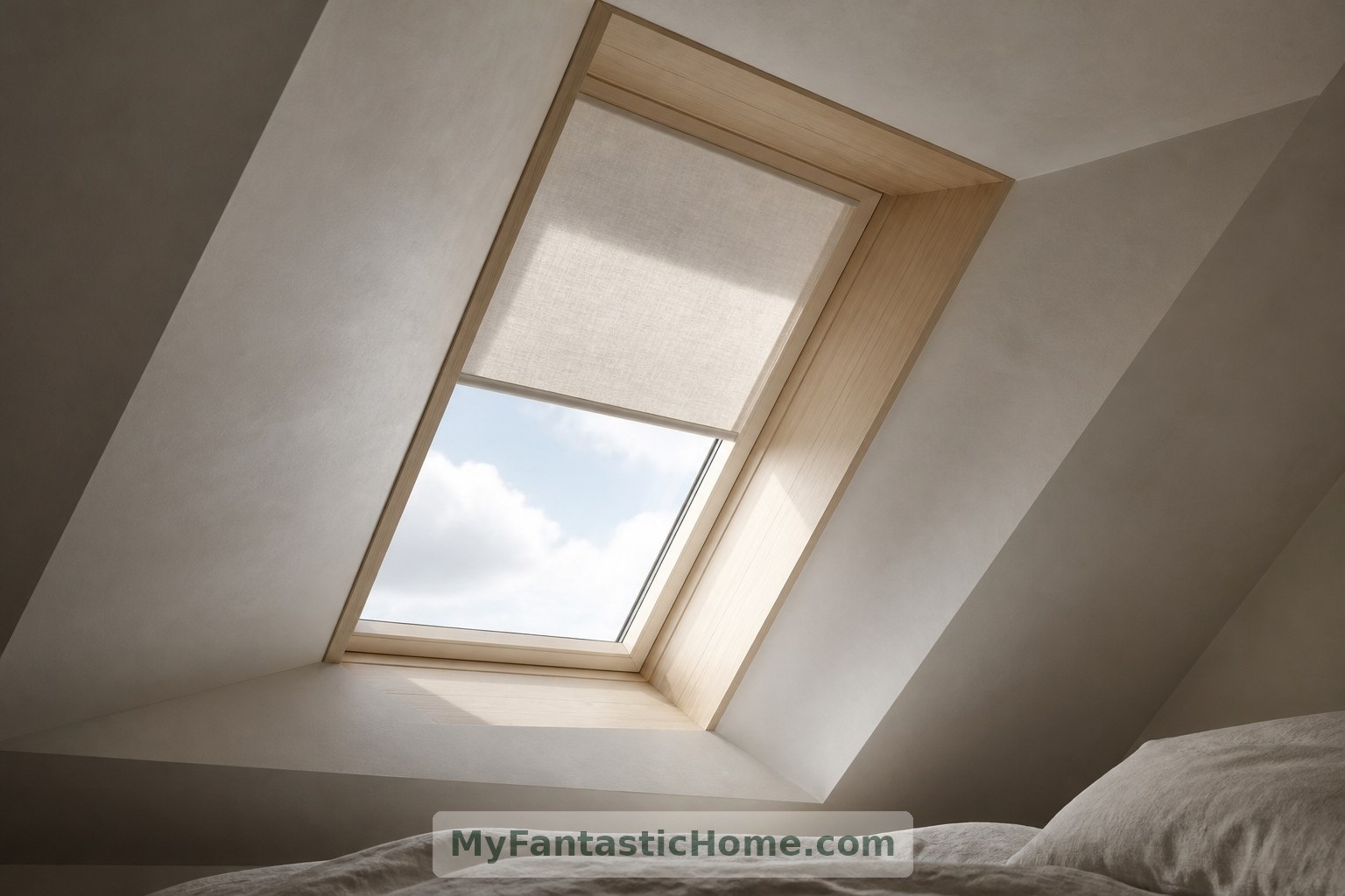 A fitted blind gives this imagined roof window a practical role in managing daylight as well as framing the sky.