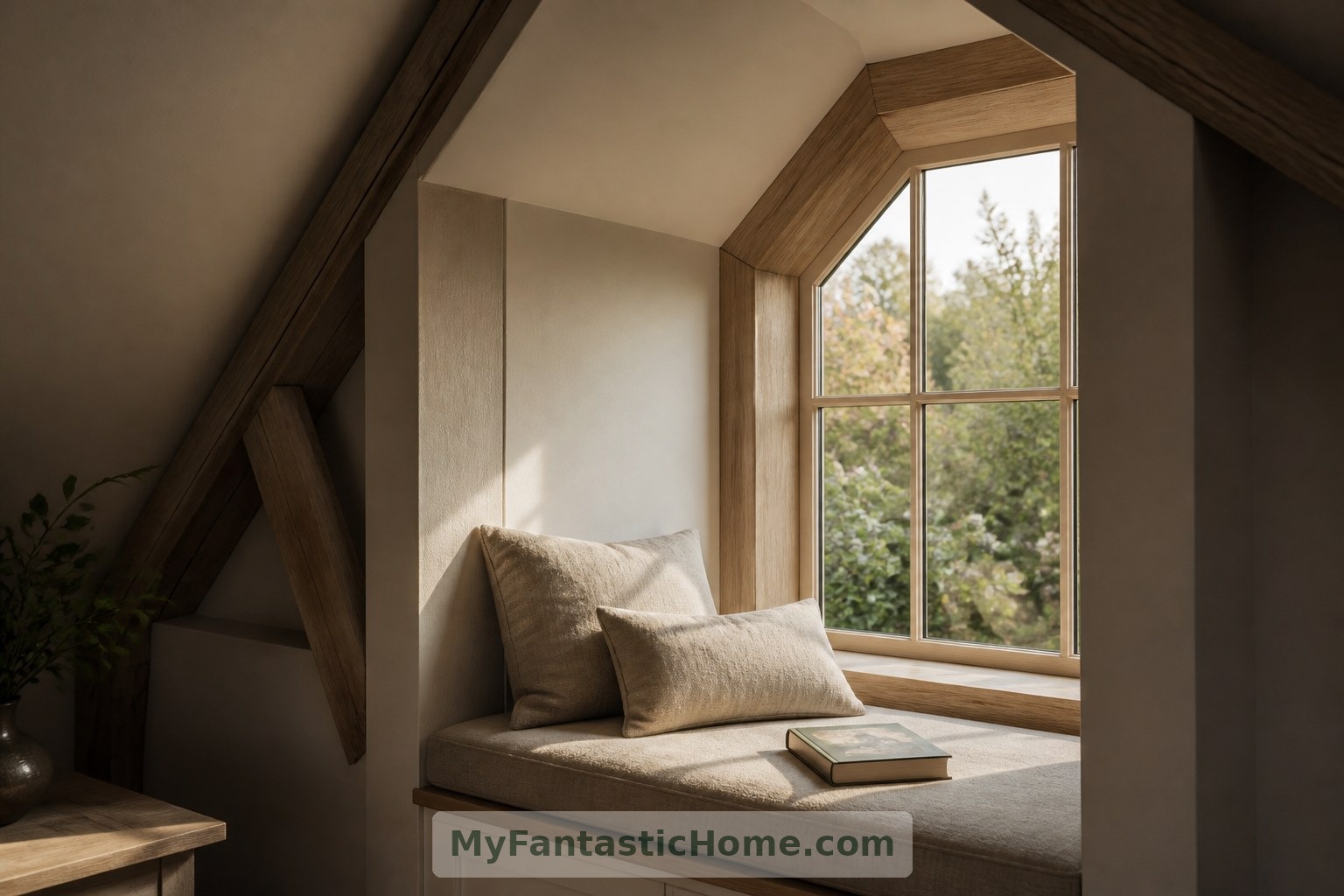 A dormer window seat turns an upright pocket of space into a welcoming reading corner.