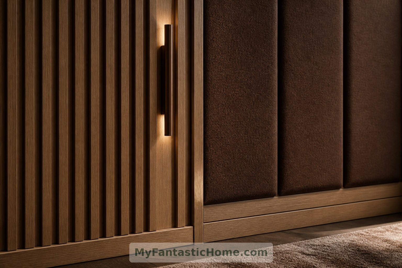 Timber slats and fabric-covered panels integrate acoustic treatment into the imagined interior's material palette.