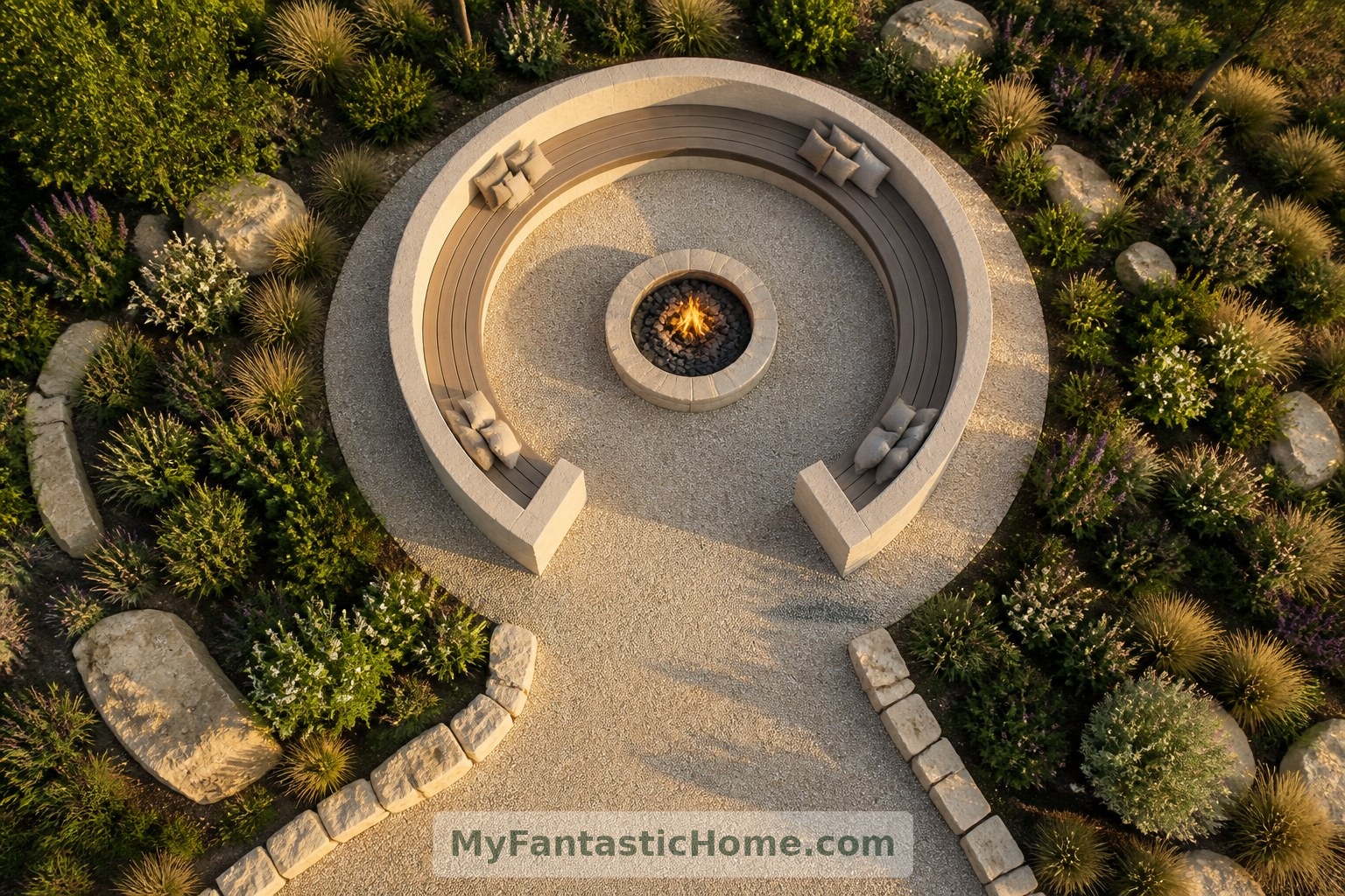 The circular layout leaves an open entrance and generous circulation space around the central hearth.