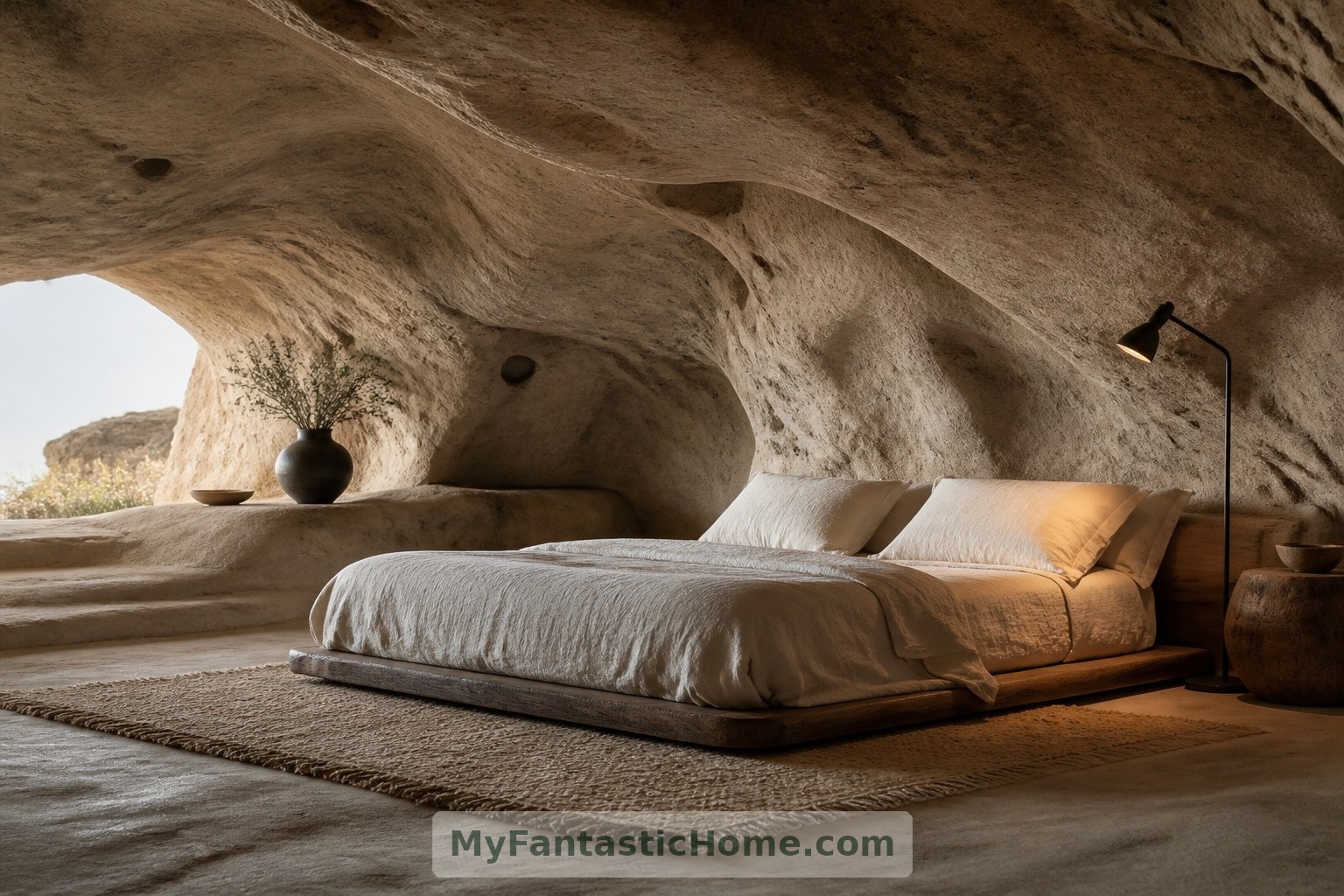 Imagined bedroom: low furniture and soft linen leave the irregular rock ceiling visually dominant.