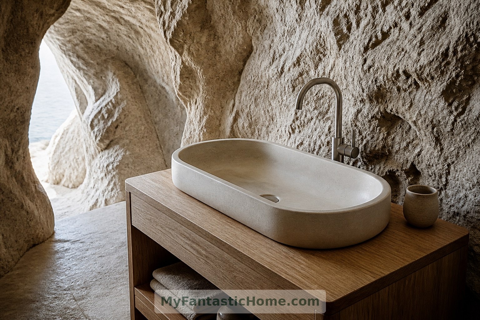 Imagined washstand: honed limestone, oak and brushed metal introduce contrasting textures at a human scale.