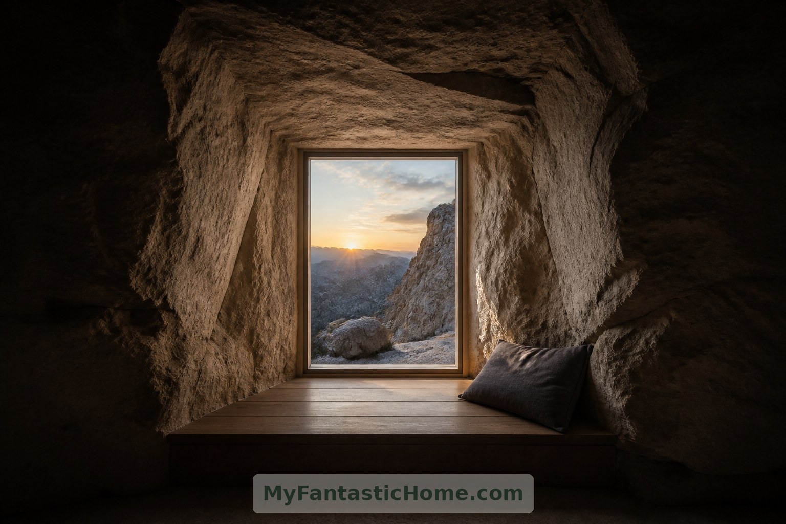 Imagined window reveal: deep stone edges frame the landscape and make changing daylight part of the room.