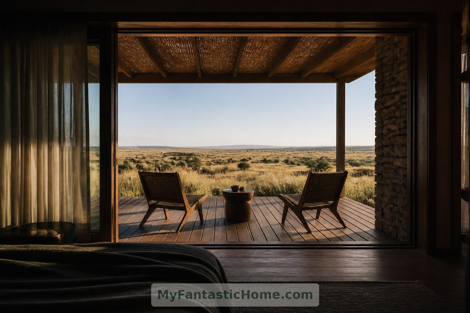 Two chairs and a small table keep the imagined terrace focused on shade, conversation and the view.