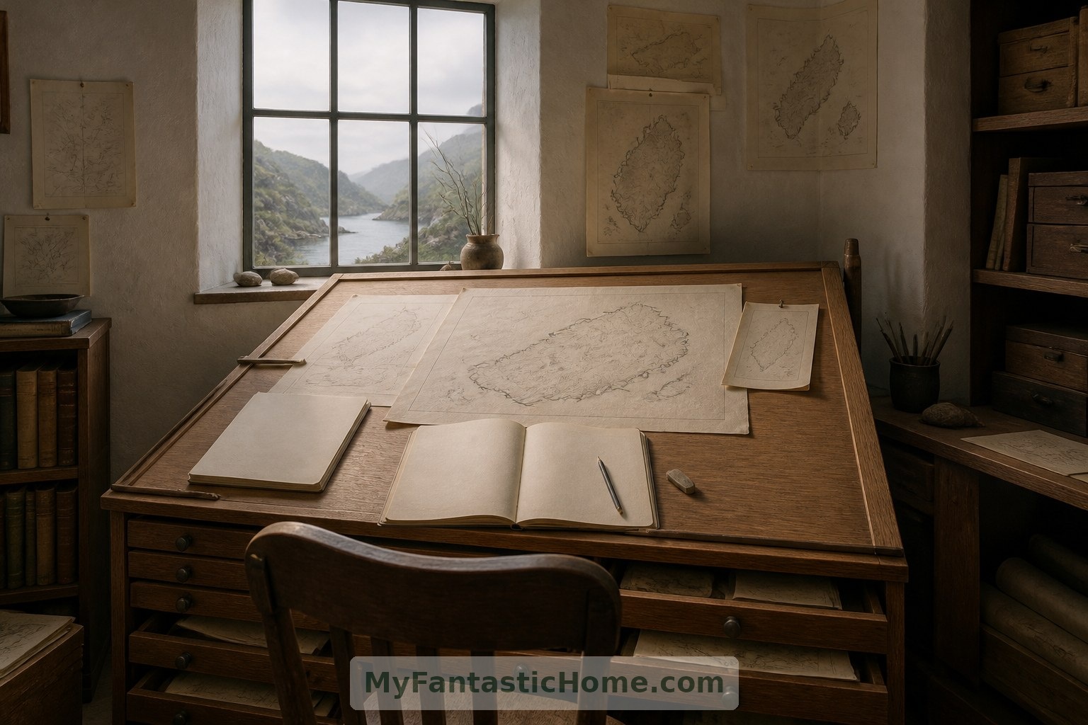A compact study provides space to sketch the invented landscapes that animate the house.