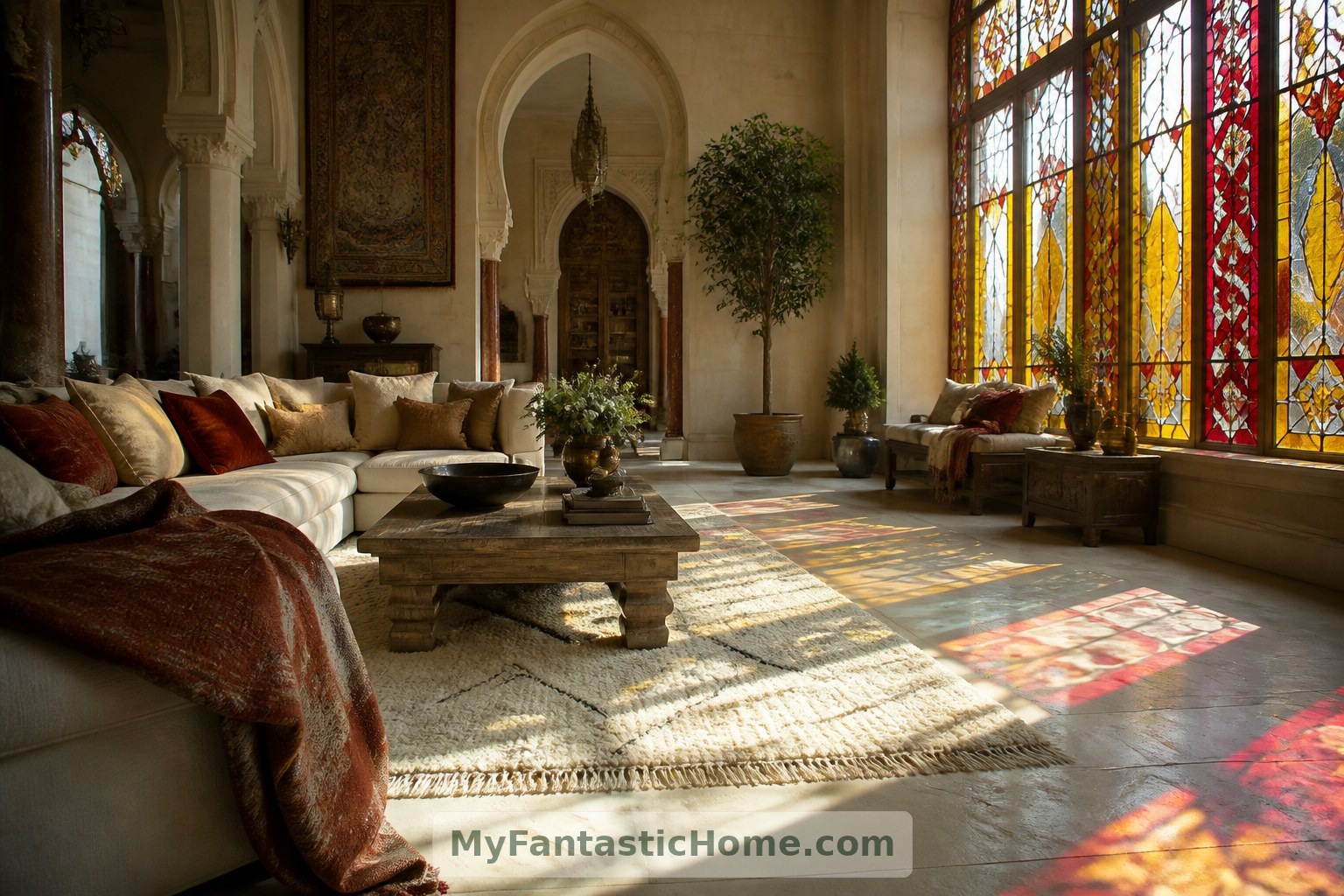 Linen seating and a wool rug give the imagined living room a restful center beneath shifting jewel-toned light.