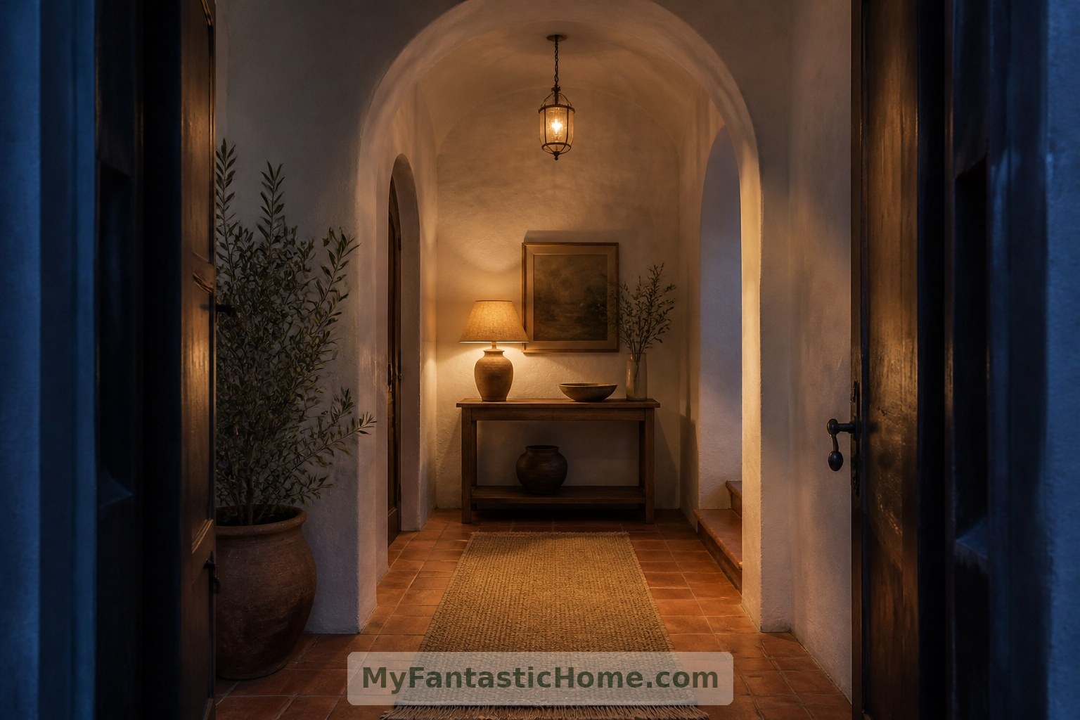 Terracotta, limewash and wool bring warmth to the imagined arrival vestibule.