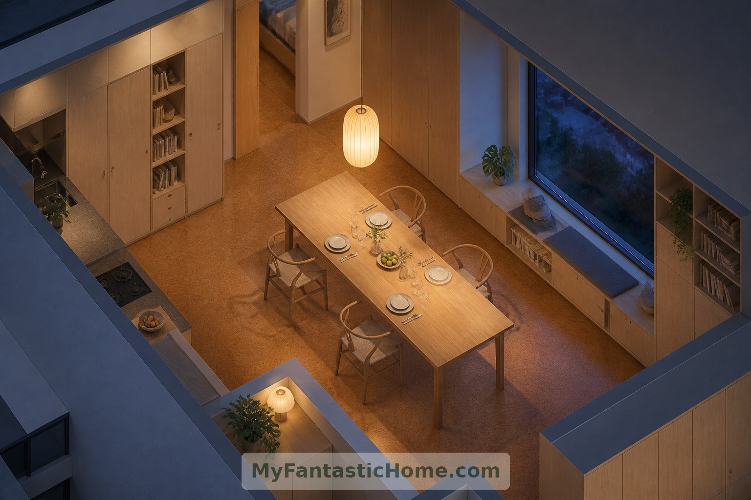 The speculative evening layout gives dining priority without adding another room.