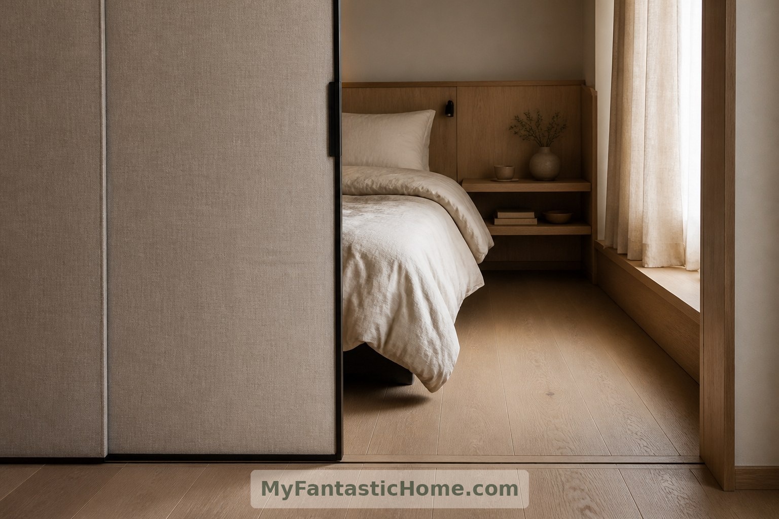 A sliding linen-faced partition could screen the bed while leaving the sleeping nook in place.