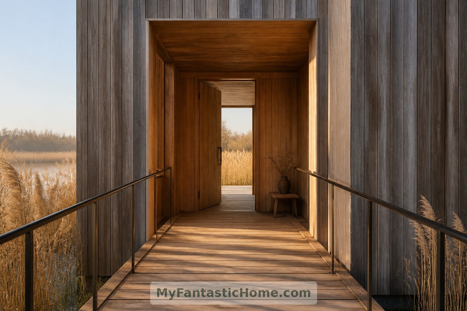 A recessed entrance gives the fictional home a sheltered threshold at the end of its raised approach.