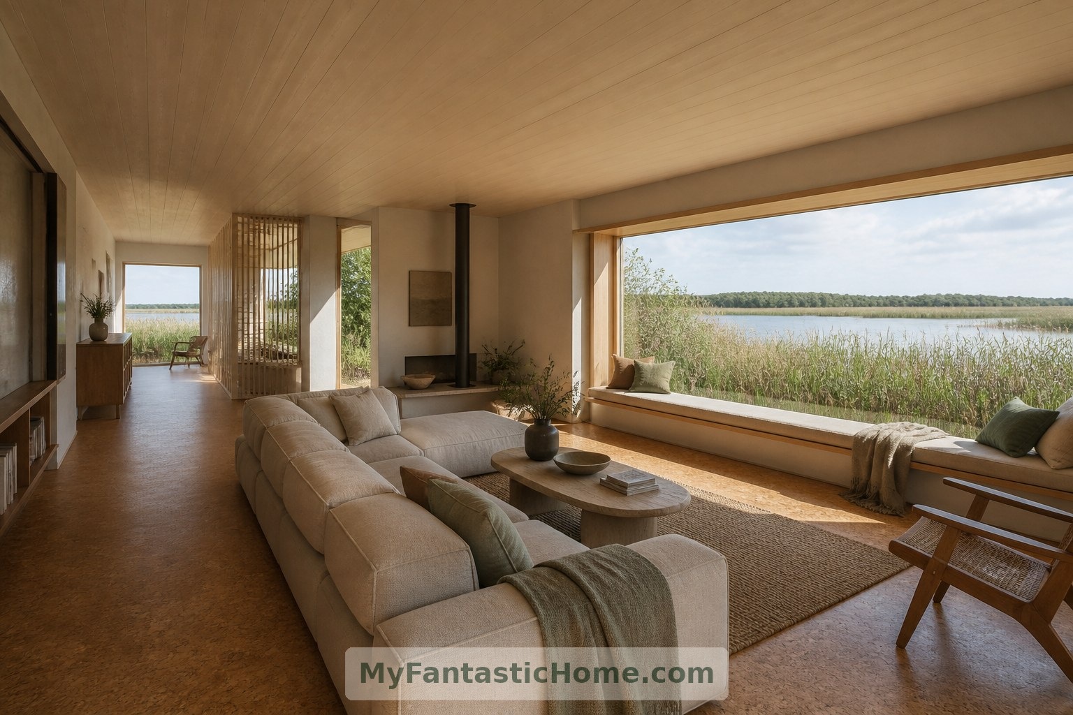 Pale timber, cork flooring and a deep window seat bring warmth to the imagined living room.