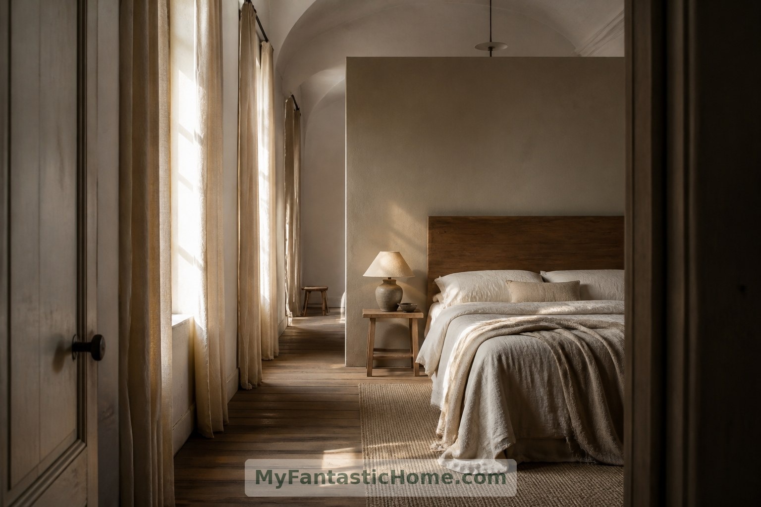 Linen curtains and timber furnishings soften the imagined bedroom while retaining its tall-window character.