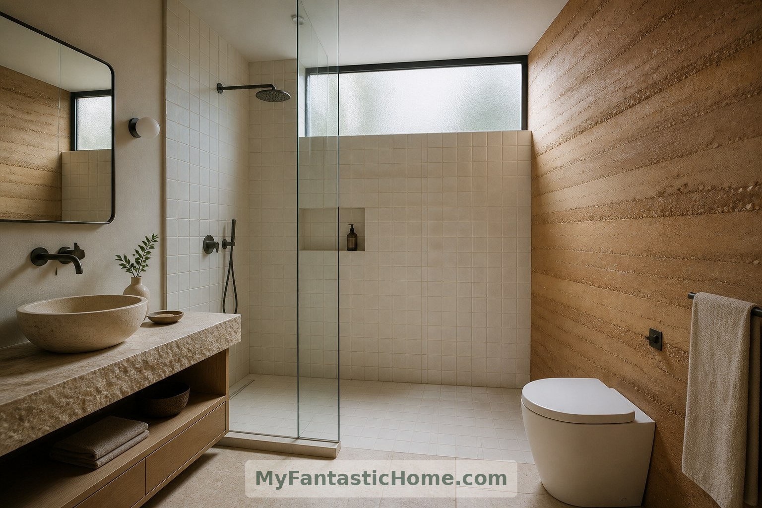 The conceptual bathroom separates tiled wet areas from exposed earth, illustrating the importance of moisture-conscious design.