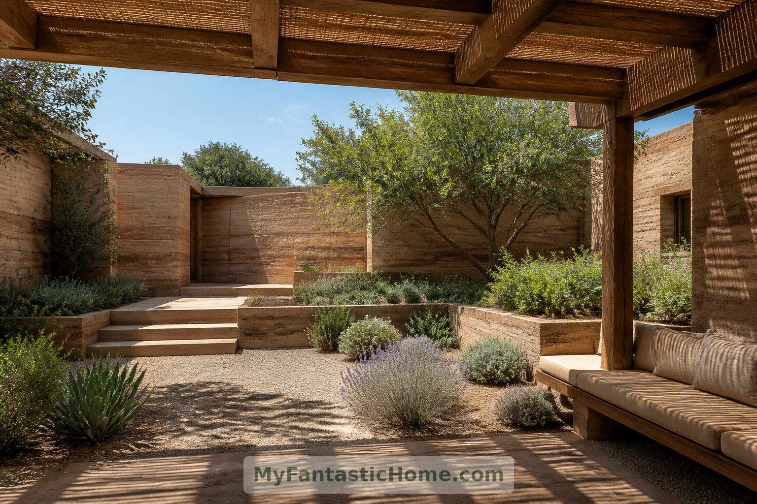 A timber canopy provides shaded seating within the imagined home's planted courtyard.