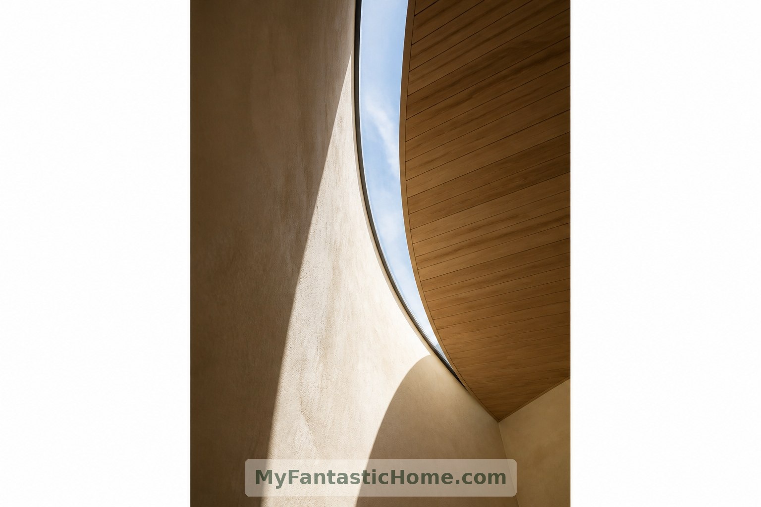 Inside the imagined entrance, a narrow rooflight traces the curve and washes daylight down a plaster wall.