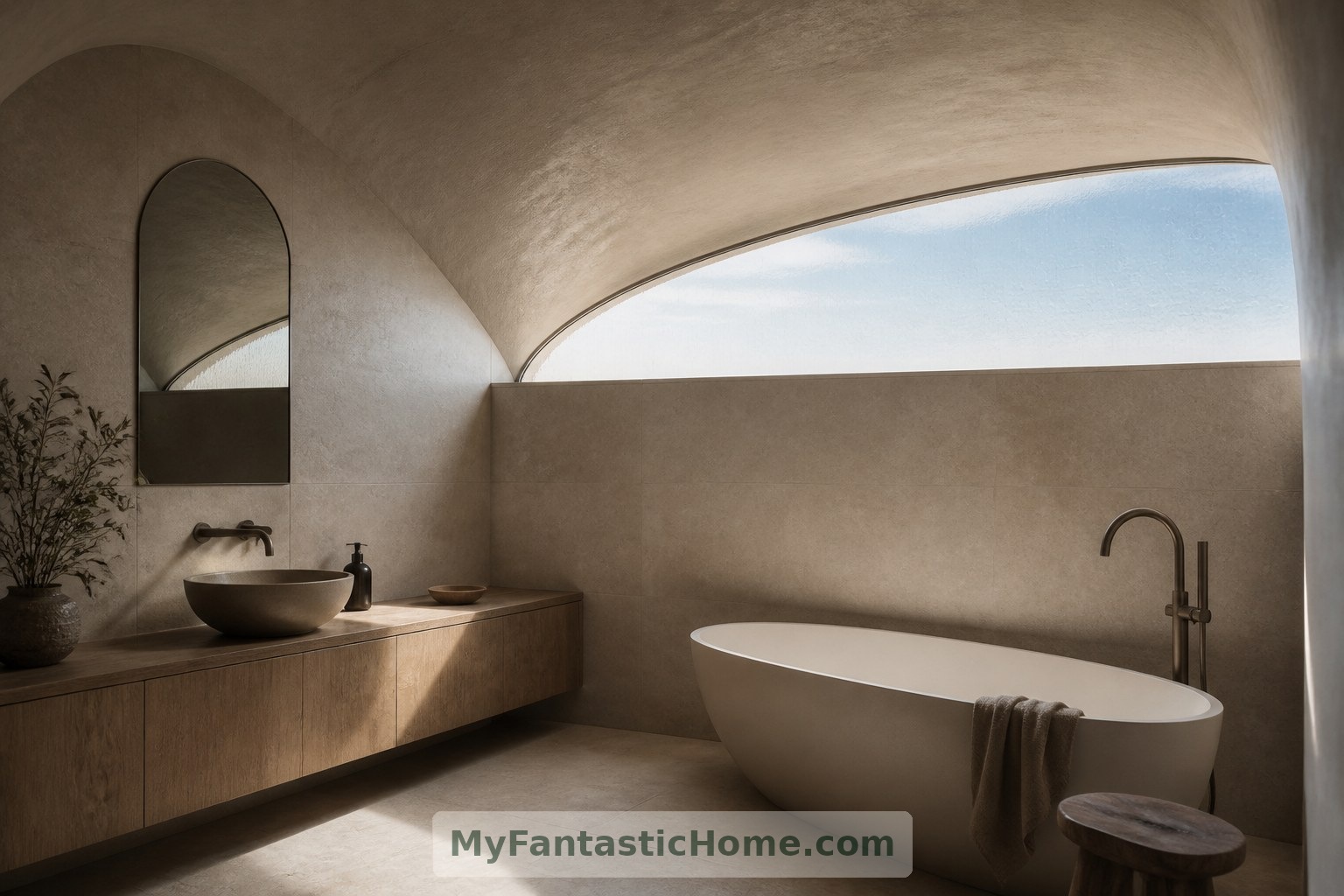 A high window brings sky light into the imagined bathroom without relying on an exposed outlook.
