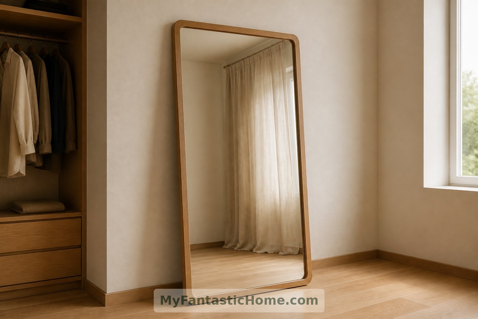 A full-length mirror has room for stepping back and reflects a calm, uncluttered curtain.