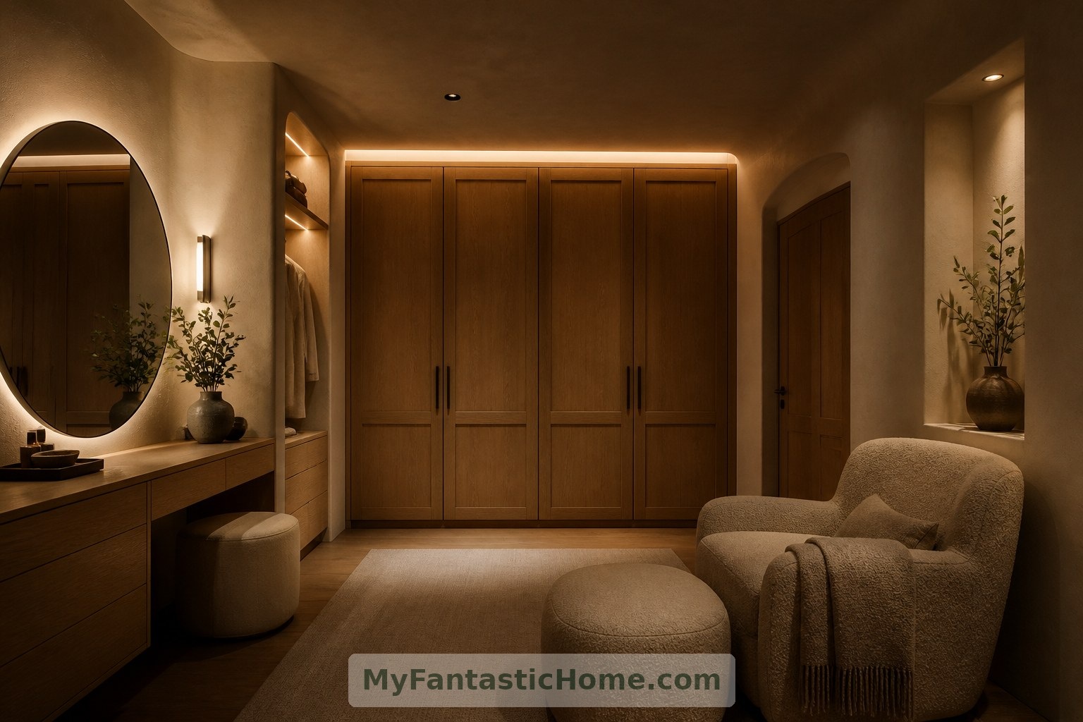 In the imagined evening view, layered lighting keeps the room inviting after daylight fades.