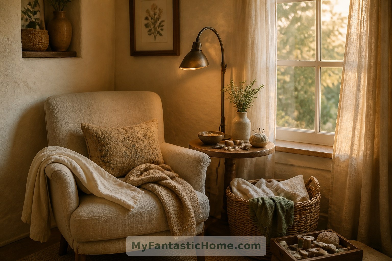 A comfortable window-side chair gives hand sewing and everyday repairs a place of their own.