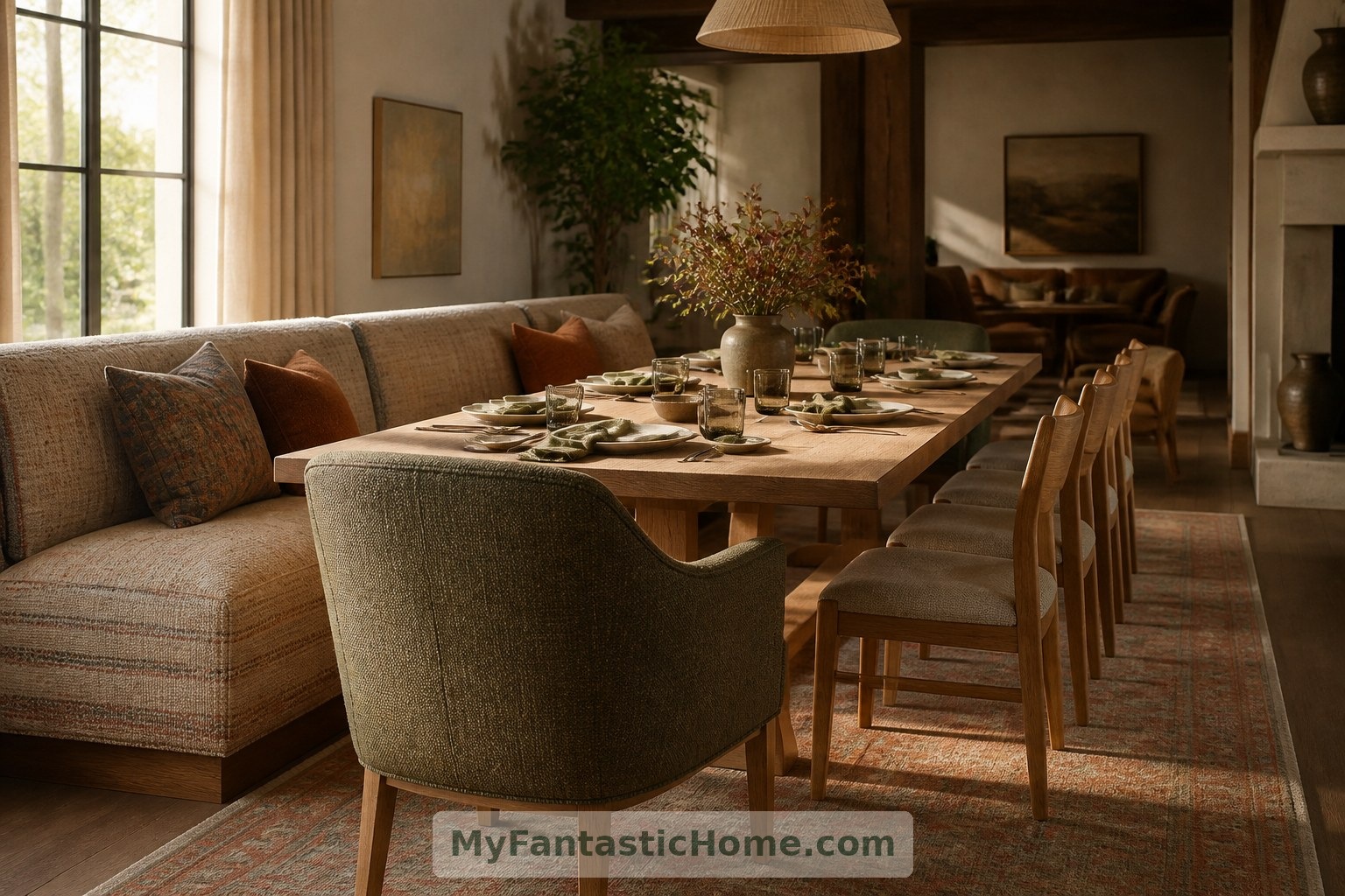 In this imagined seating arrangement, a backed bench and upholstered chairs offer different ways to settle in.