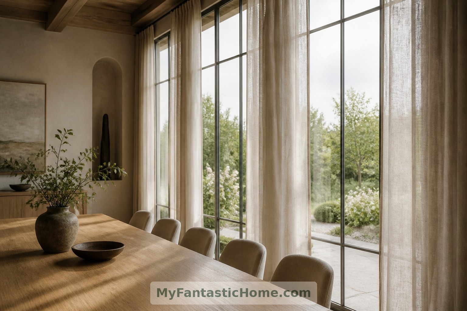 Tall windows and sheer curtains spread filtered daylight across the table without closing off the garden view.