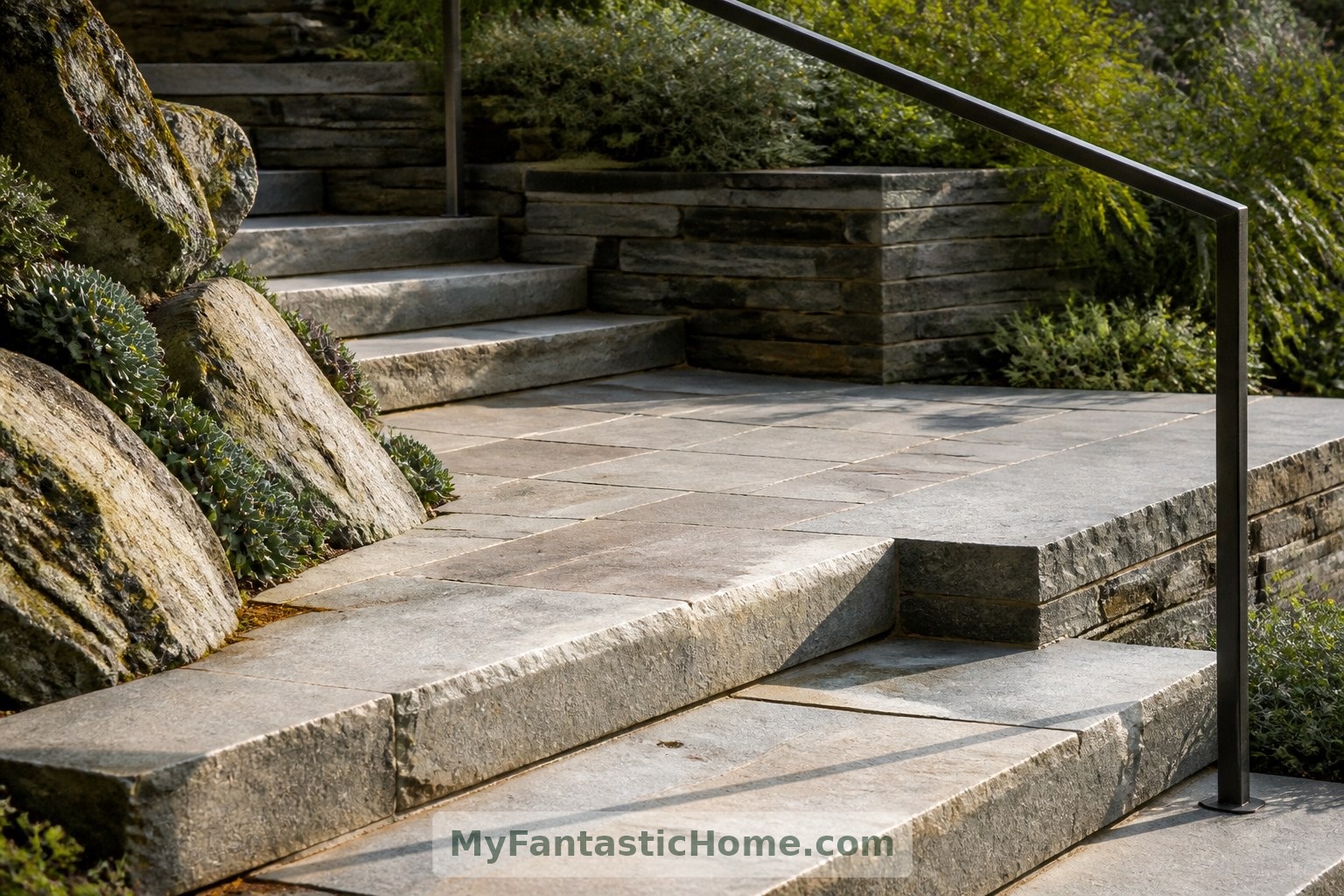 Broad stone steps, a landing and a slender handrail make movement an integral part of the design.