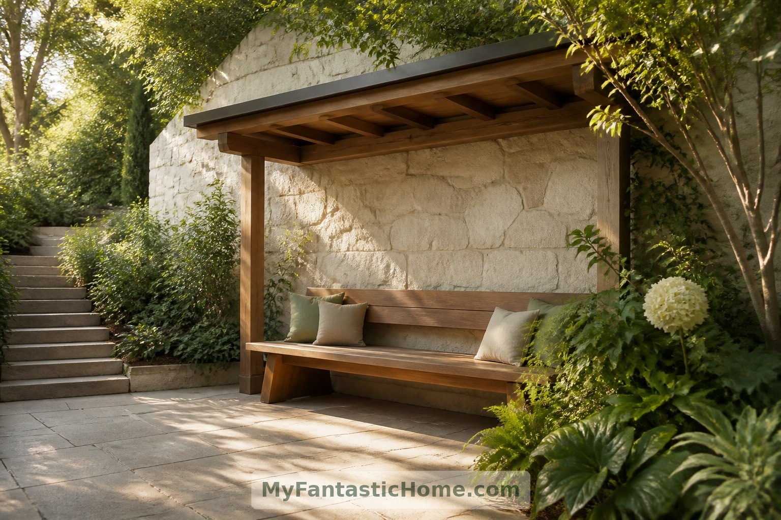 A timber bench creates a sheltered resting place without making the retaining wall itself into furniture.