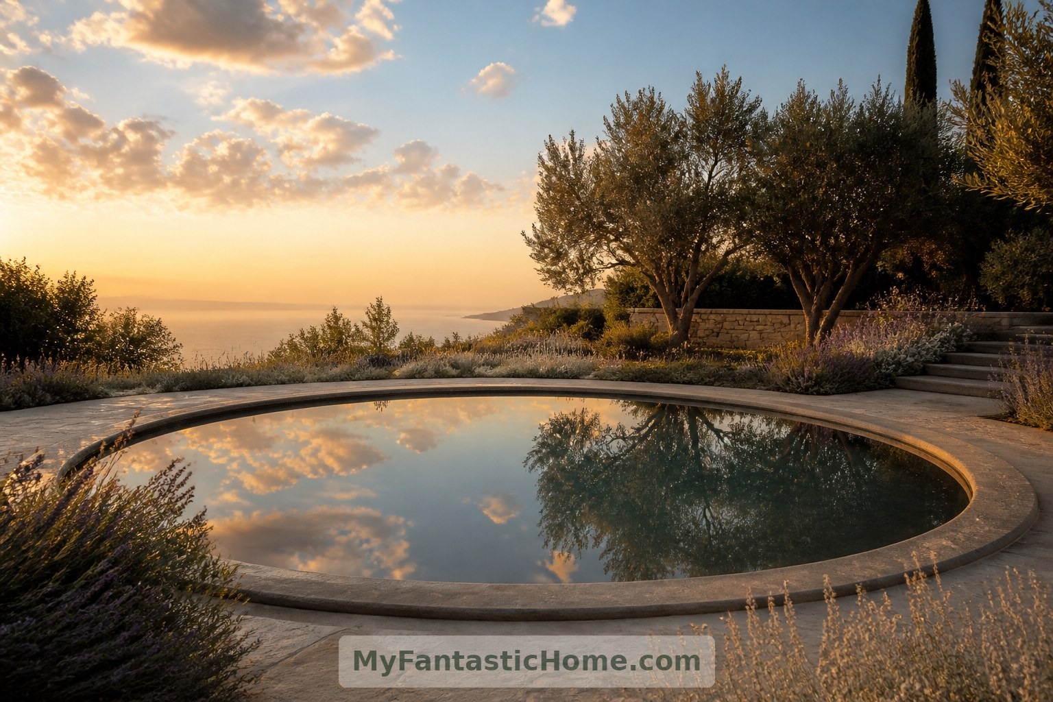 A shallow basin adds reflected light and the possibility of gentle water sounds to the lowest terrace.