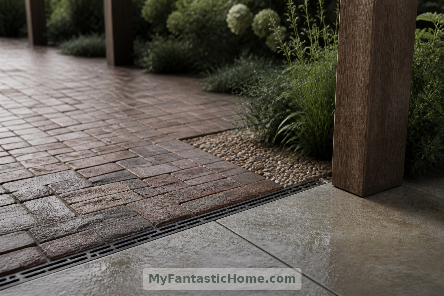 The imagined paving detail combines textured brick, a flush drainage channel and gravel kept outside the main passage.