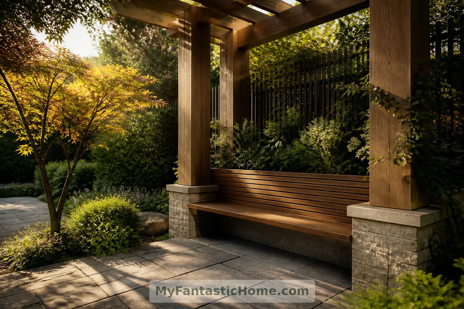 An integrated bench turns one bay of the imagined pergola into a sheltered place to pause.