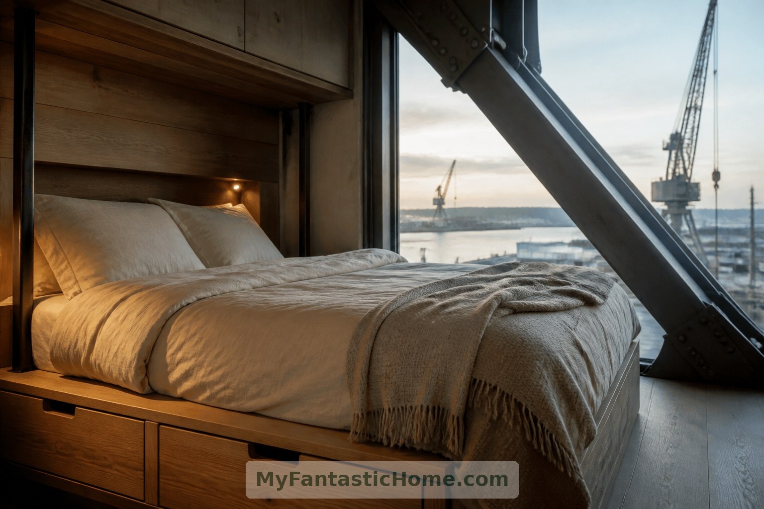 In this imagined sleeping area, timber and linen soften the presence of the steel frame.