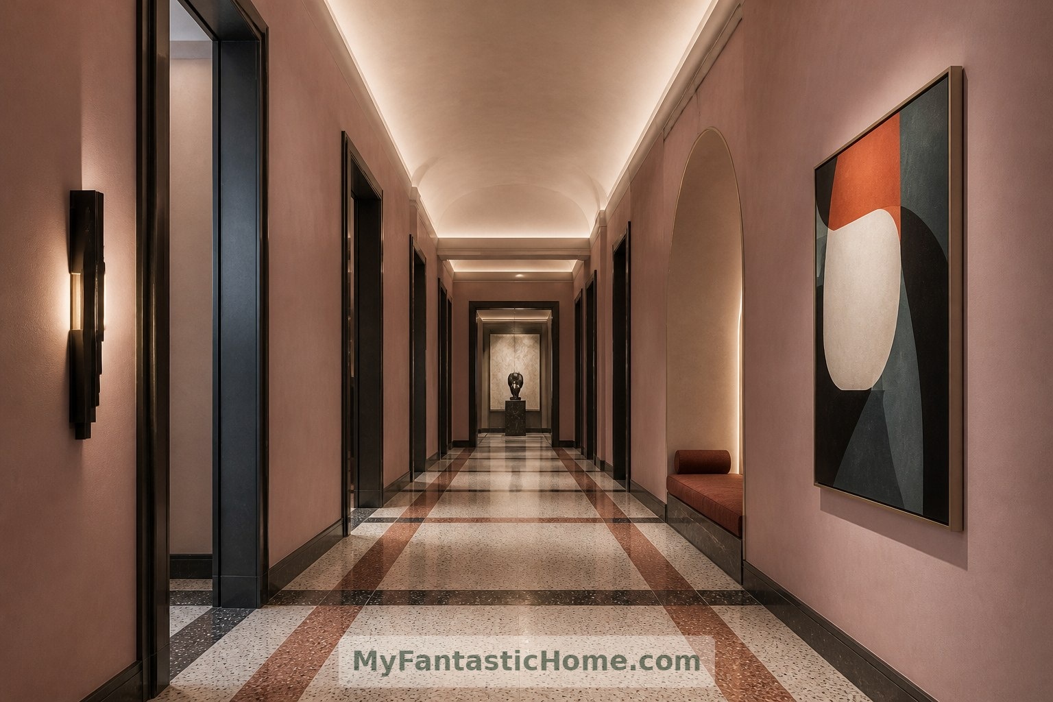 Imagined corridor: a viewing niche turns circulation space into somewhere to pause.