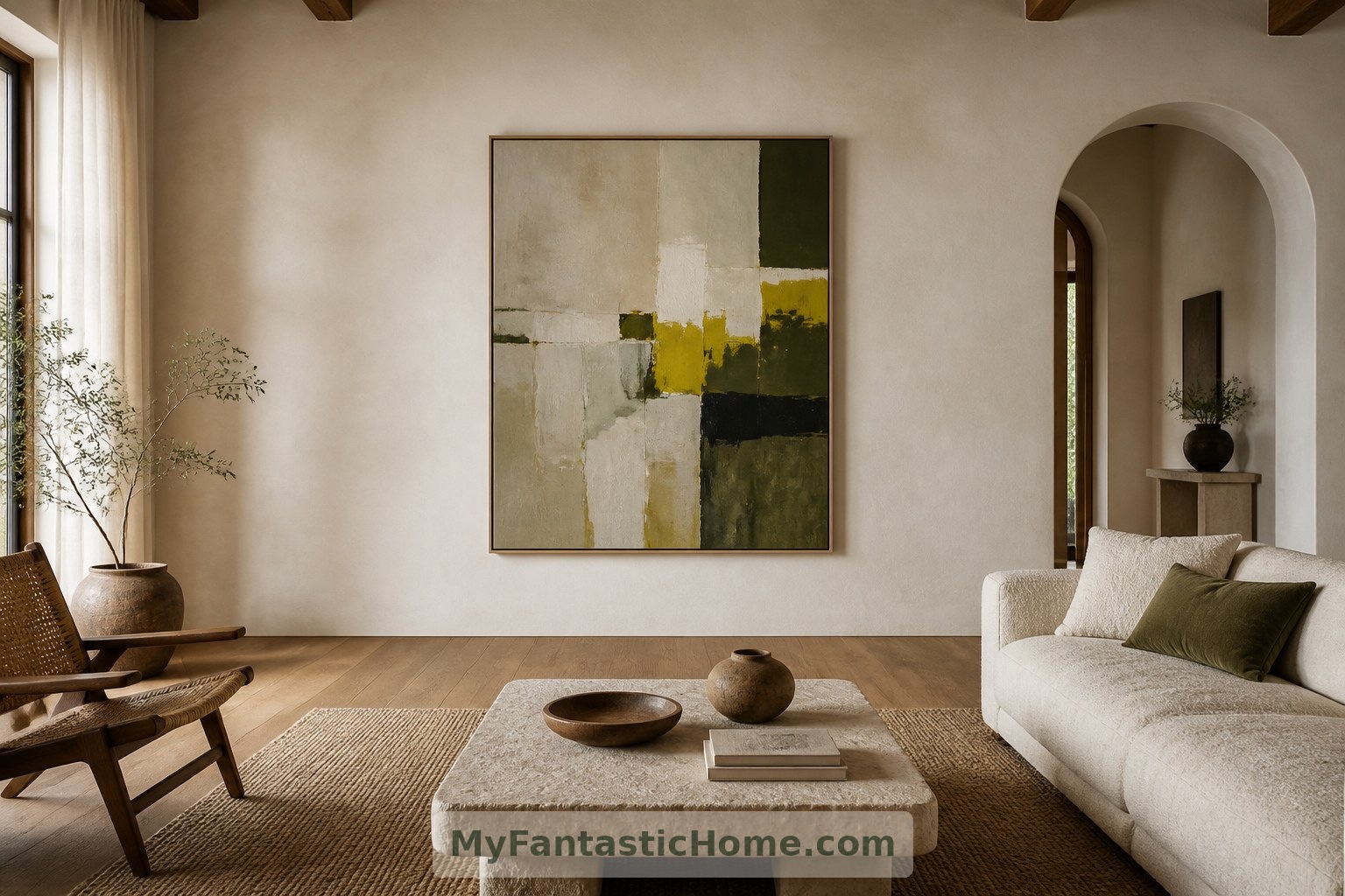 Imagined home interior: one thoughtfully positioned artwork can give a living room a clear focus.