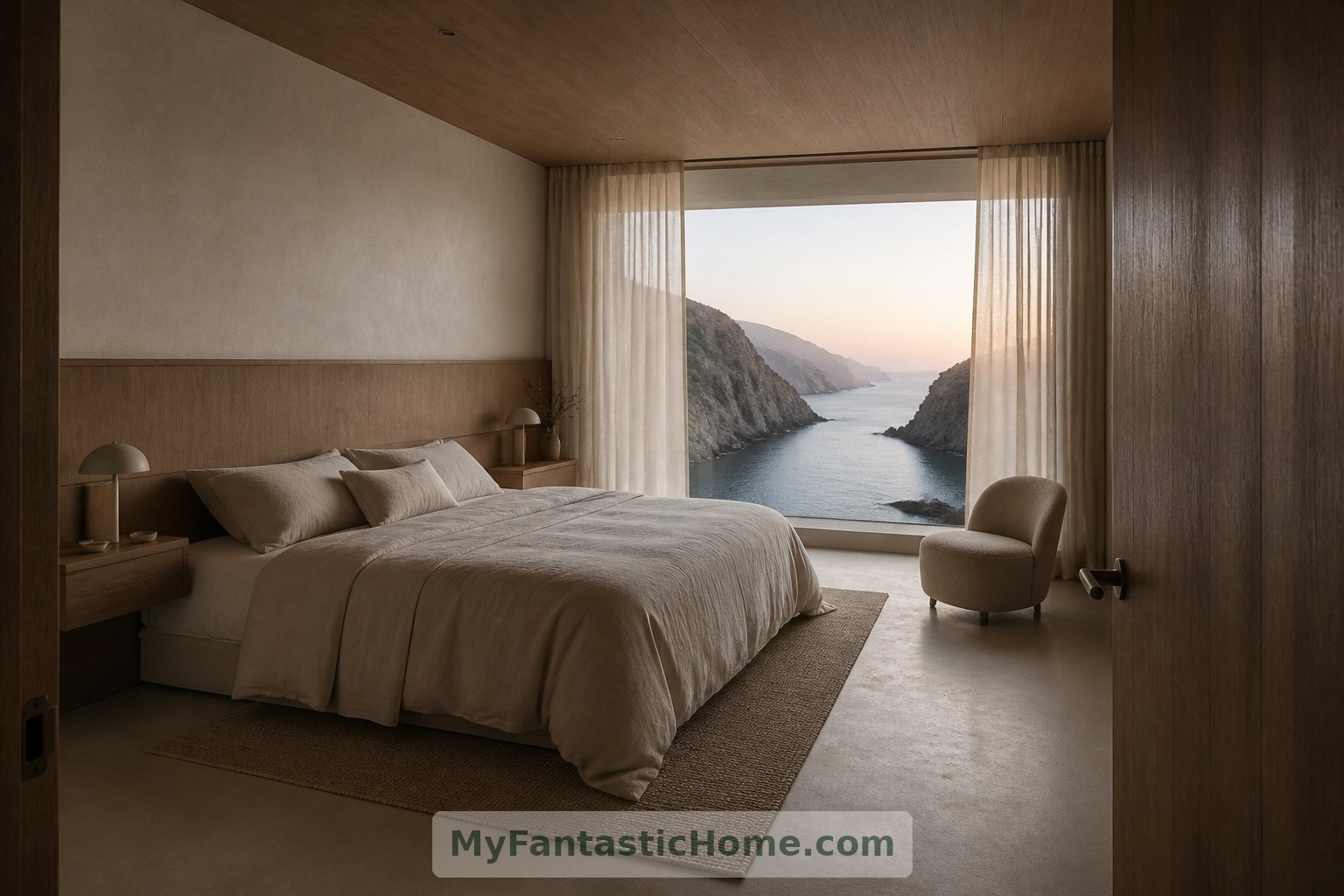 El dormitorio conceptual enmarca una vista más acotada del paisaje y equilibra la luz natural con el recogimiento y la privacidad.