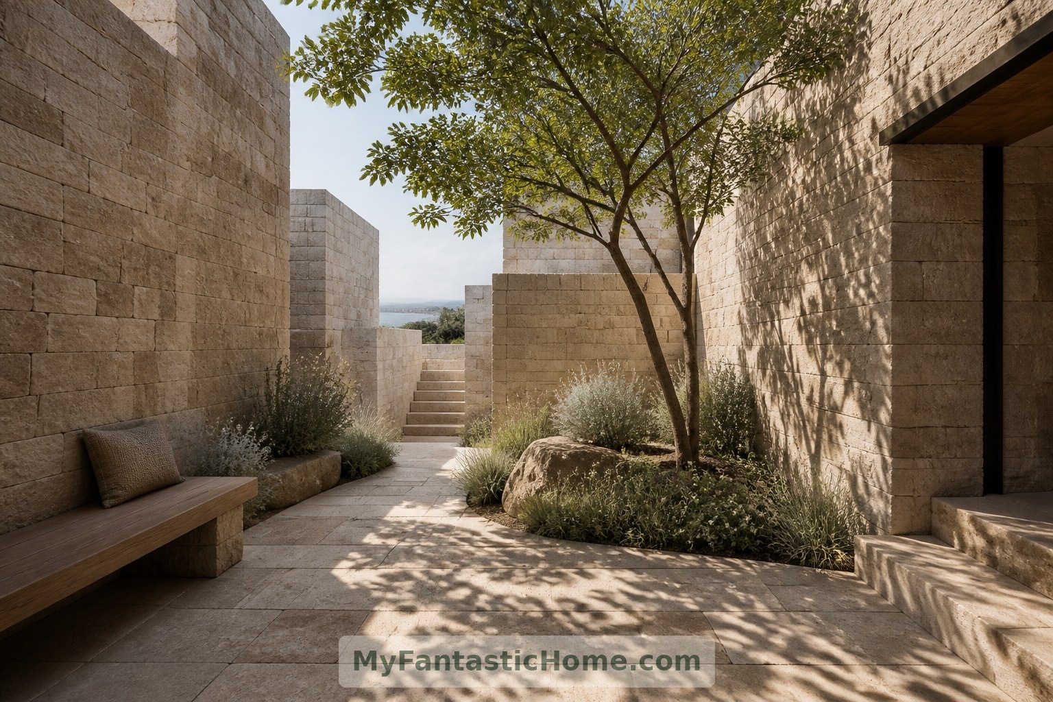 Un patio interior incorpora una estancia exterior protegida; la vegetación tendría que adaptarse al clima y al emplazamiento reales.