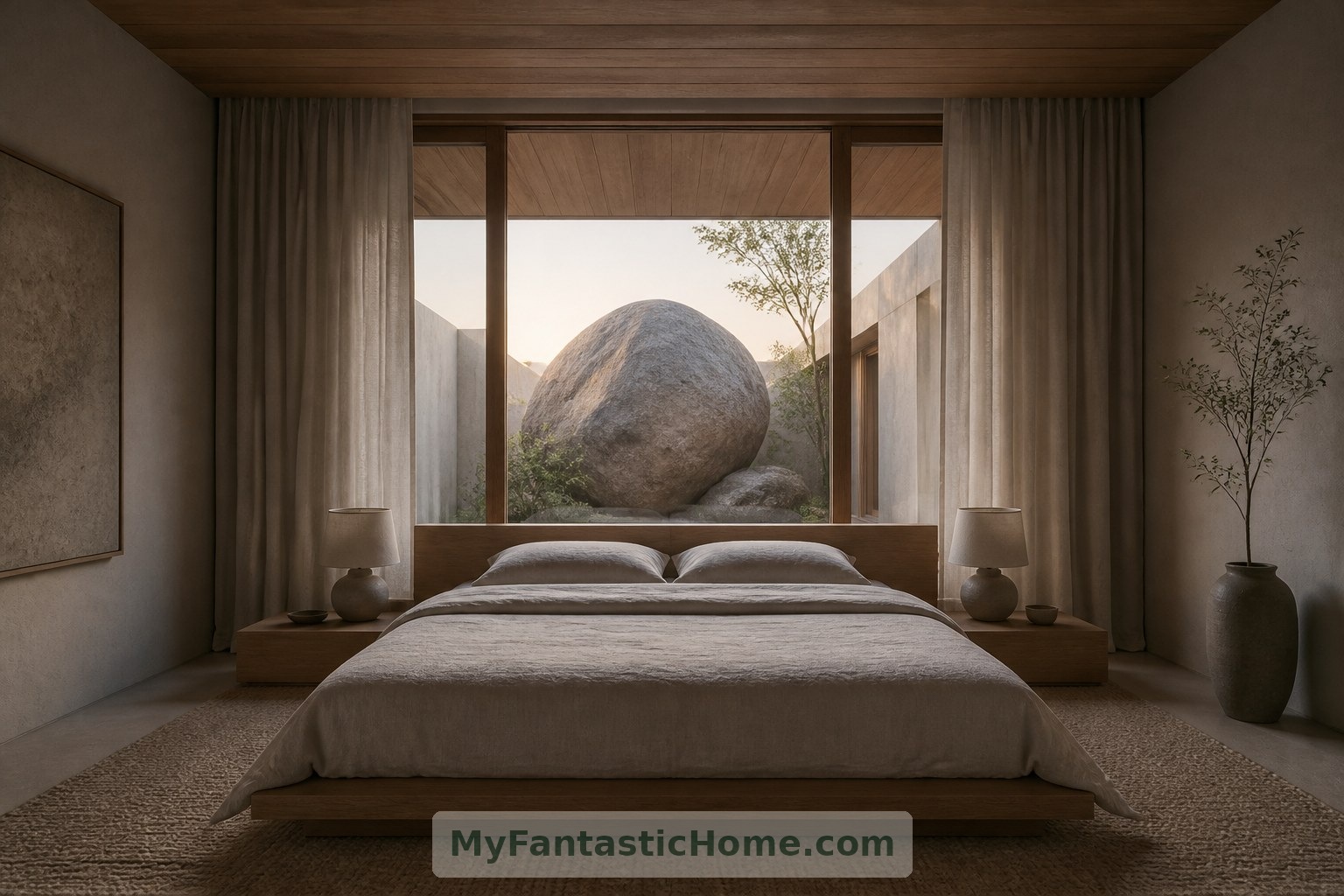 Dormitorio imaginario: una vista al patio incorpora la piedra a la experiencia sin situarla junto a la cama.