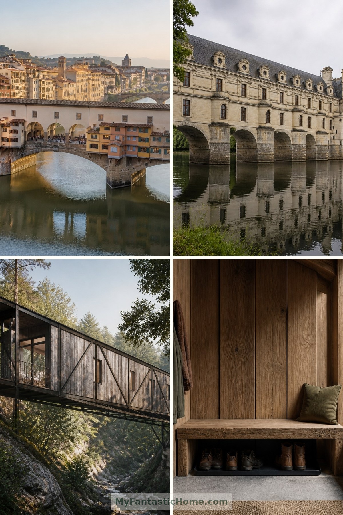 Edificios puente extraordinarios: arquitectura que cruza ríos y valles — portada con cuatro imágenes