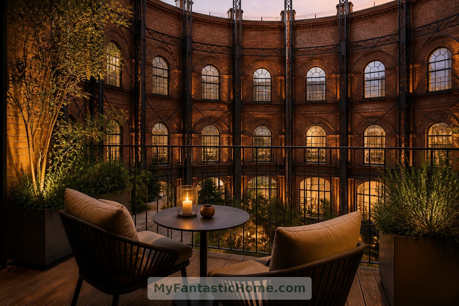 Una terraza imaginada orientada al atrio ofrece un pequeño lugar protegido donde disfrutar de la extraordinaria escala del edificio.