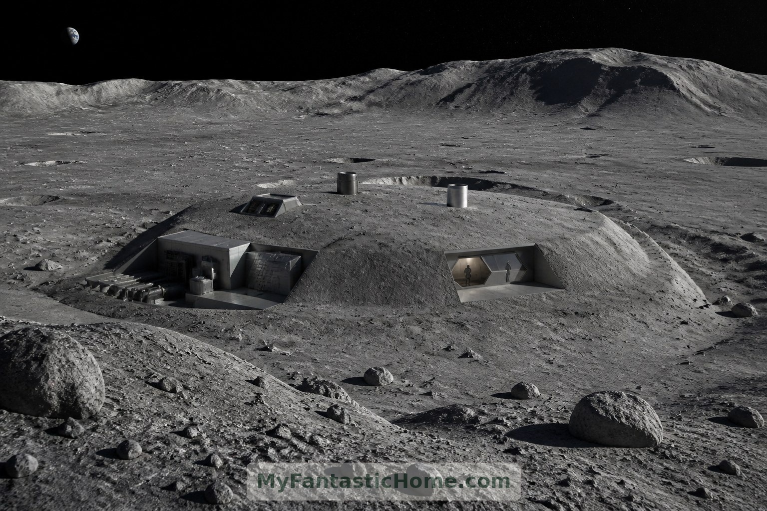 Vista desde una cresta lunar, la residencia imaginada se percibe como un refugio protegido, más que como una mansión al estilo terrestre.