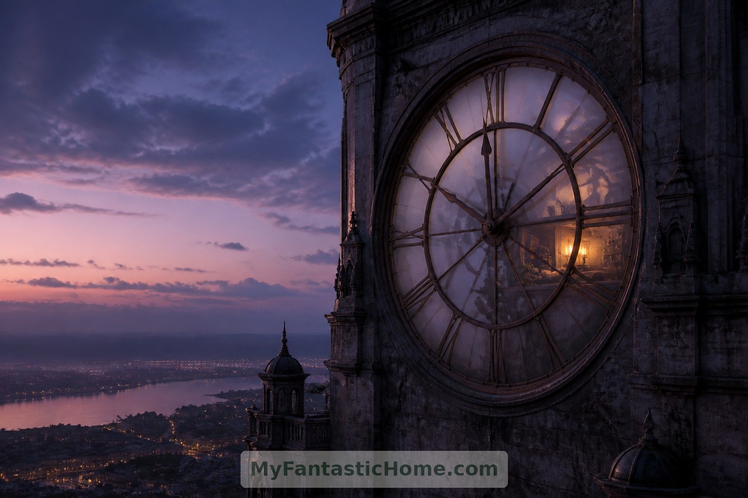 Una vista exterior imaginaria al anochecer muestra el apartamento iluminado dentro de la esfera del reloj; se trata de un hogar ficticio, no de un destino que se pueda visitar.