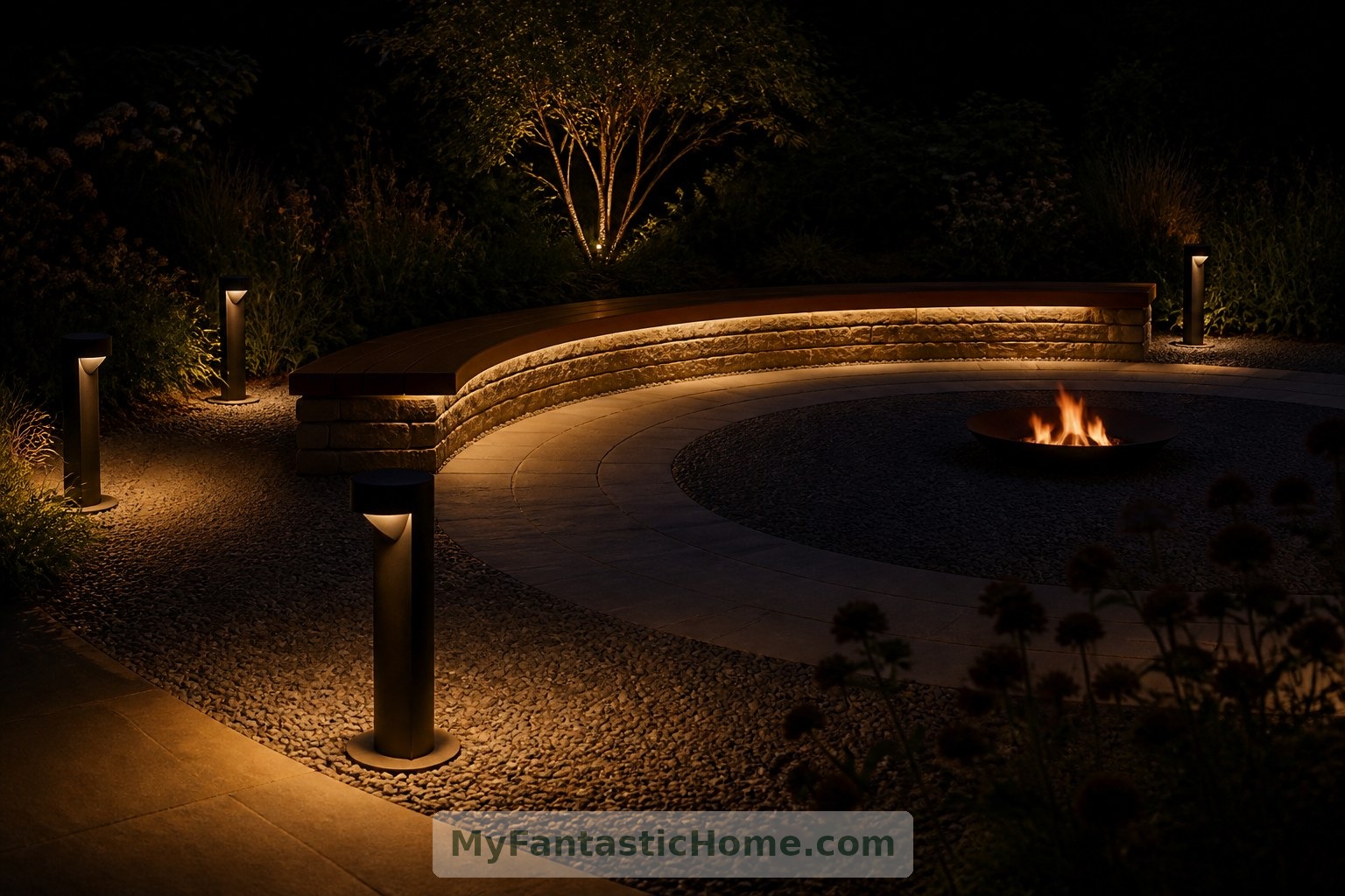 La iluminación apantallada del camino y la base del banco suavemente iluminada ayudan a distinguir la terraza sin imponerse a la noche.