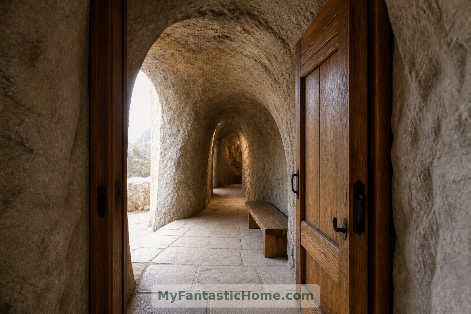 Entrada imaginaria: un banco sencillo y un suelo de piedra marcan la transición del exterior luminoso al interior resguardado.