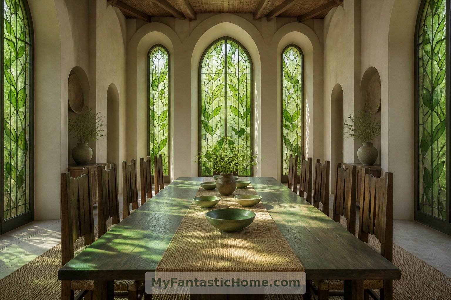 El vidrio verde con dibujos de hojas aporta un aire de jardín al comedor ficticio y a su sencilla mesa de fresno.