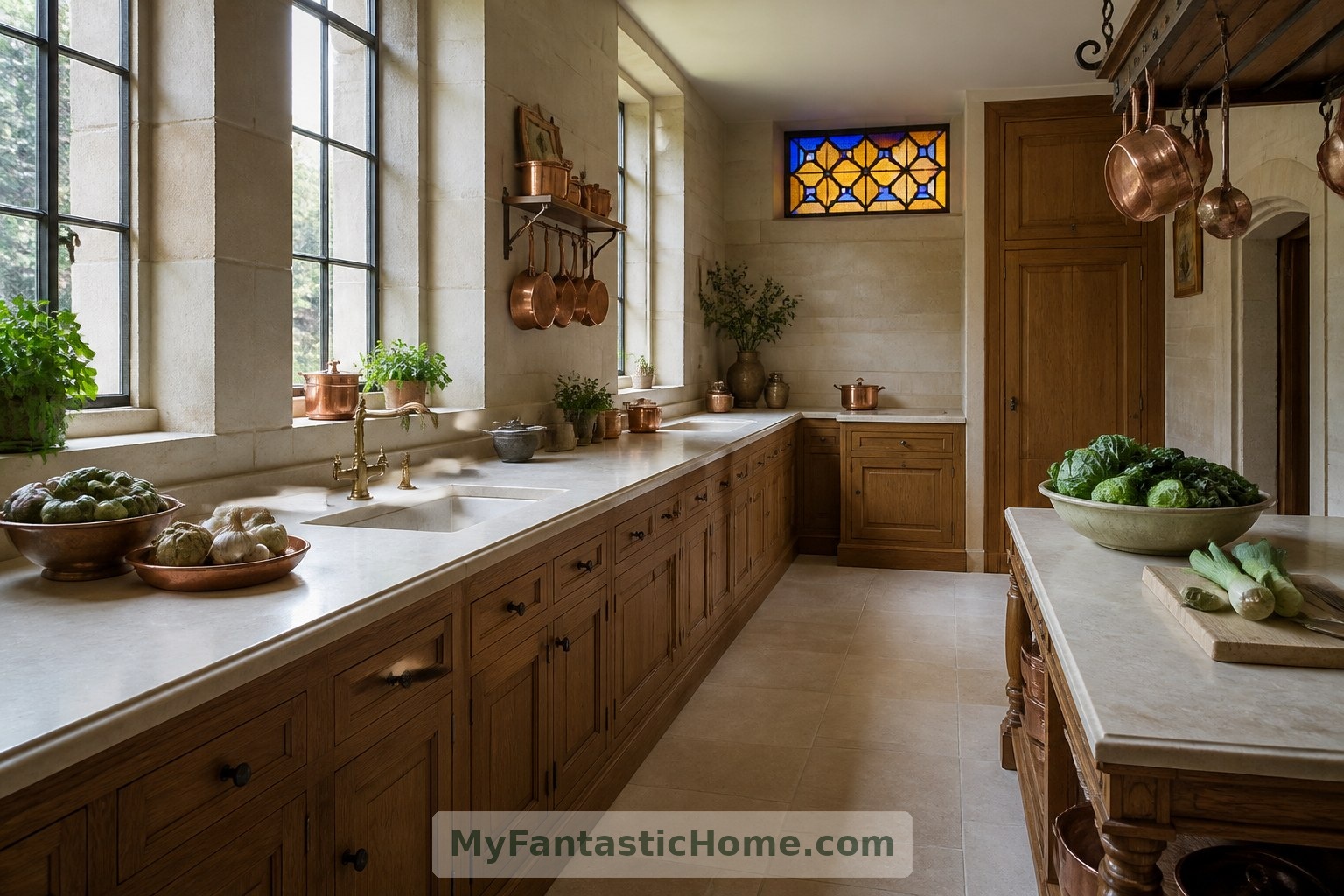 Las ventanas transparentes de la cocina conservan la luz natural necesaria para trabajar, mientras una sobreventana de colores añade un discreto acento decorativo.