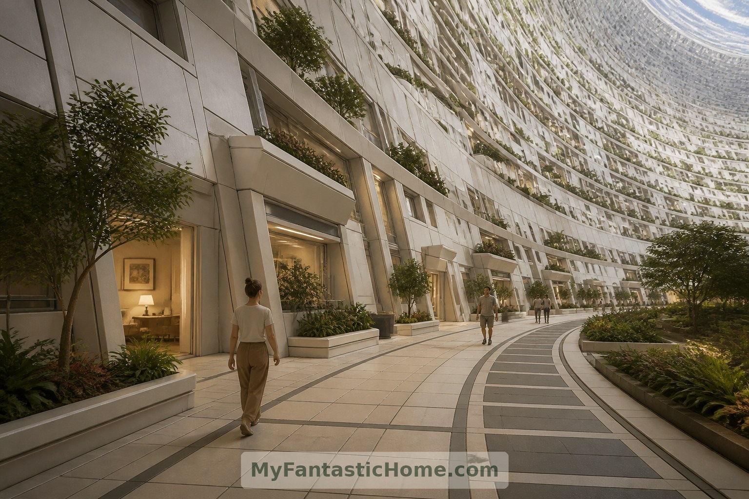 Los senderos curvos y las entradas retranqueadas dan al barrio interior imaginado una escala peatonal acogedora.
